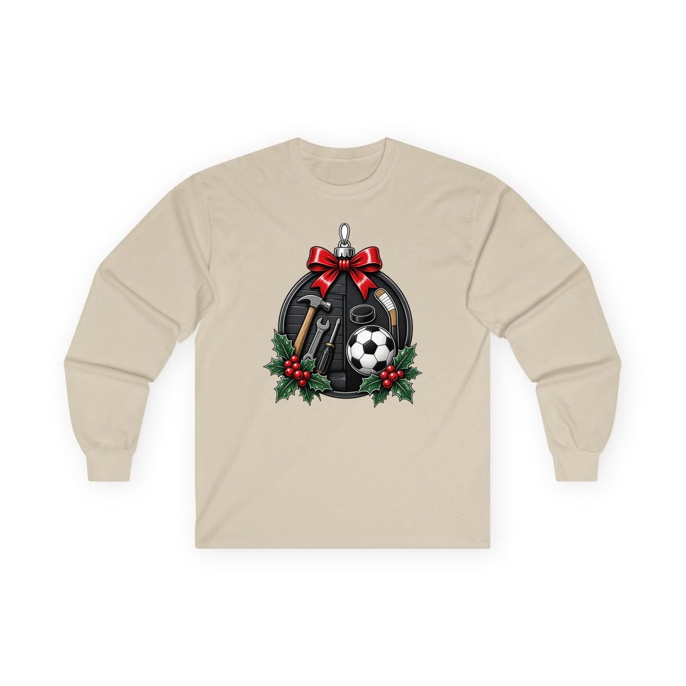 Dad's Tools And Sports Bauble personalised long sleeve Christmas T-shirt in sand