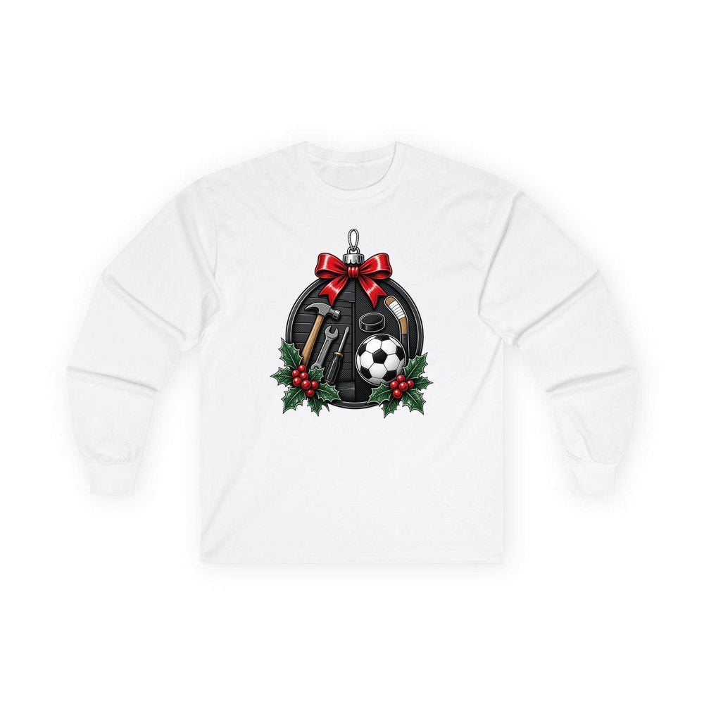 Dad's Tools And Sports Bauble personalised long sleeve Christmas T-shirt in white