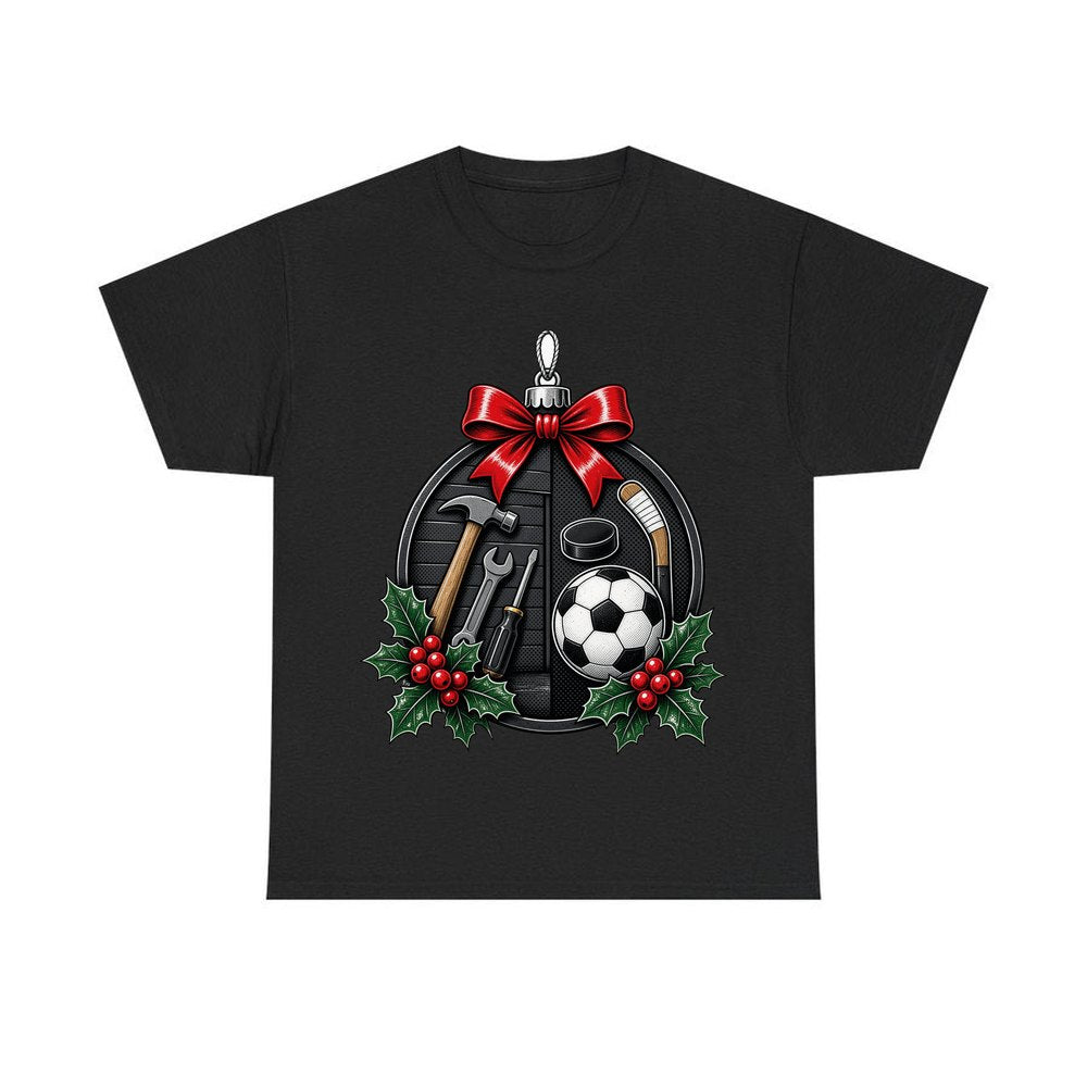 Dad's Tools And Sports Bauble personalised Christmas T-shirt in black