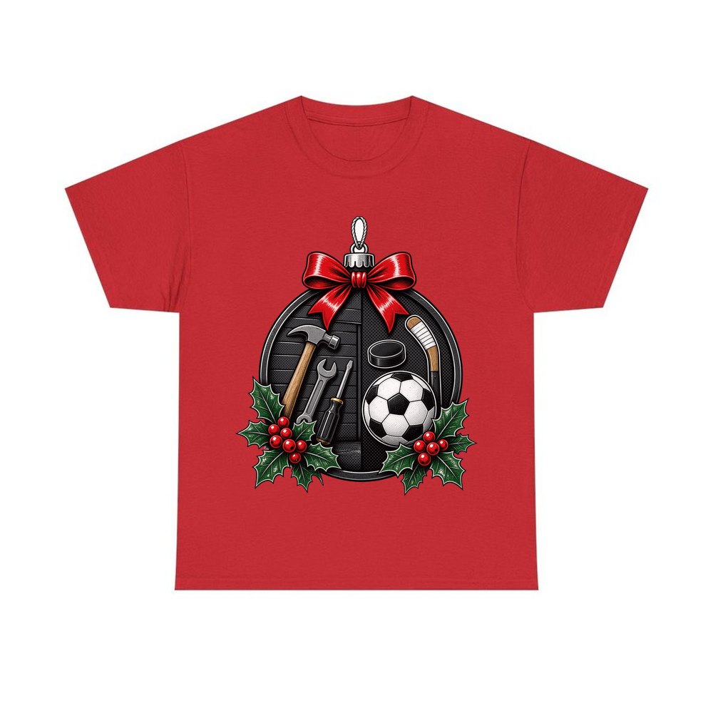 Dad's Tools And Sports Bauble personalised Christmas T-shirt in red
