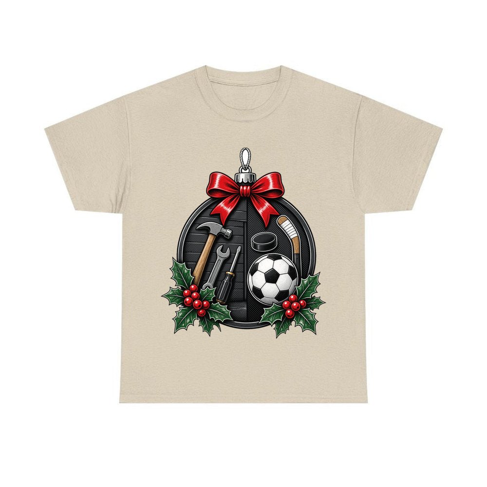 Dad's Tools And Sports Bauble personalised Christmas T-shirt in sand