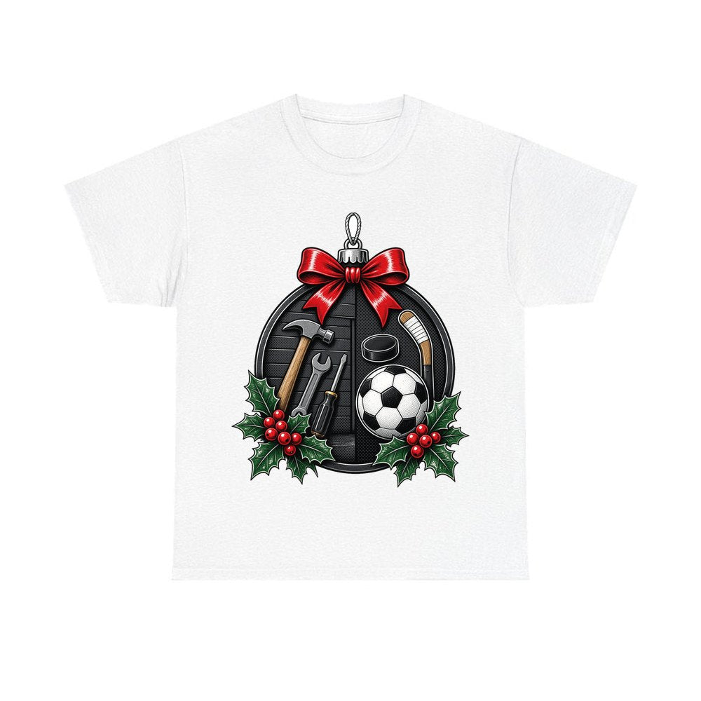 Dad's Tools And Sports Bauble personalised Christmas T-shirt in white
