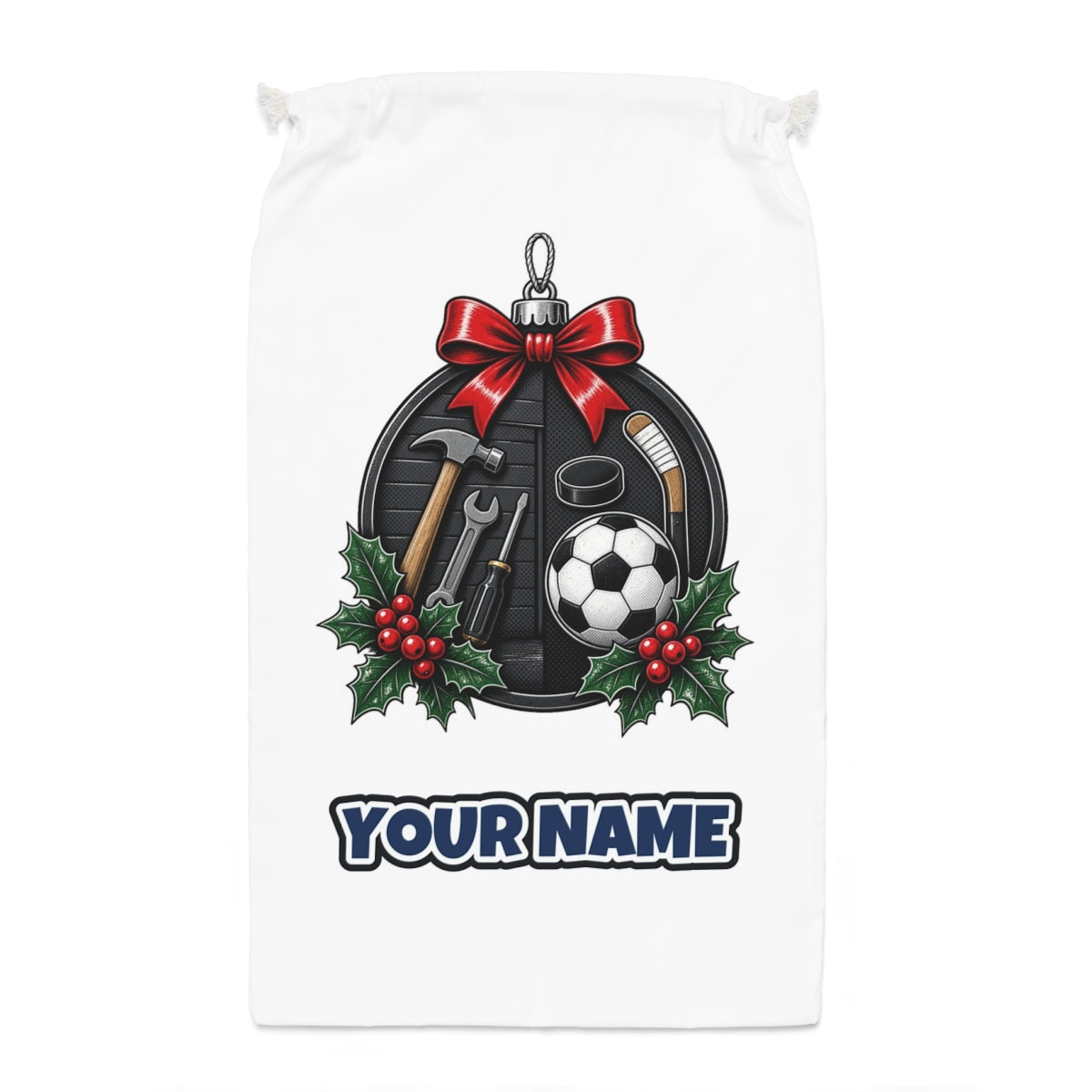 Dad's Tools And Sports Bauble Santa sack laid flat, showing the full print