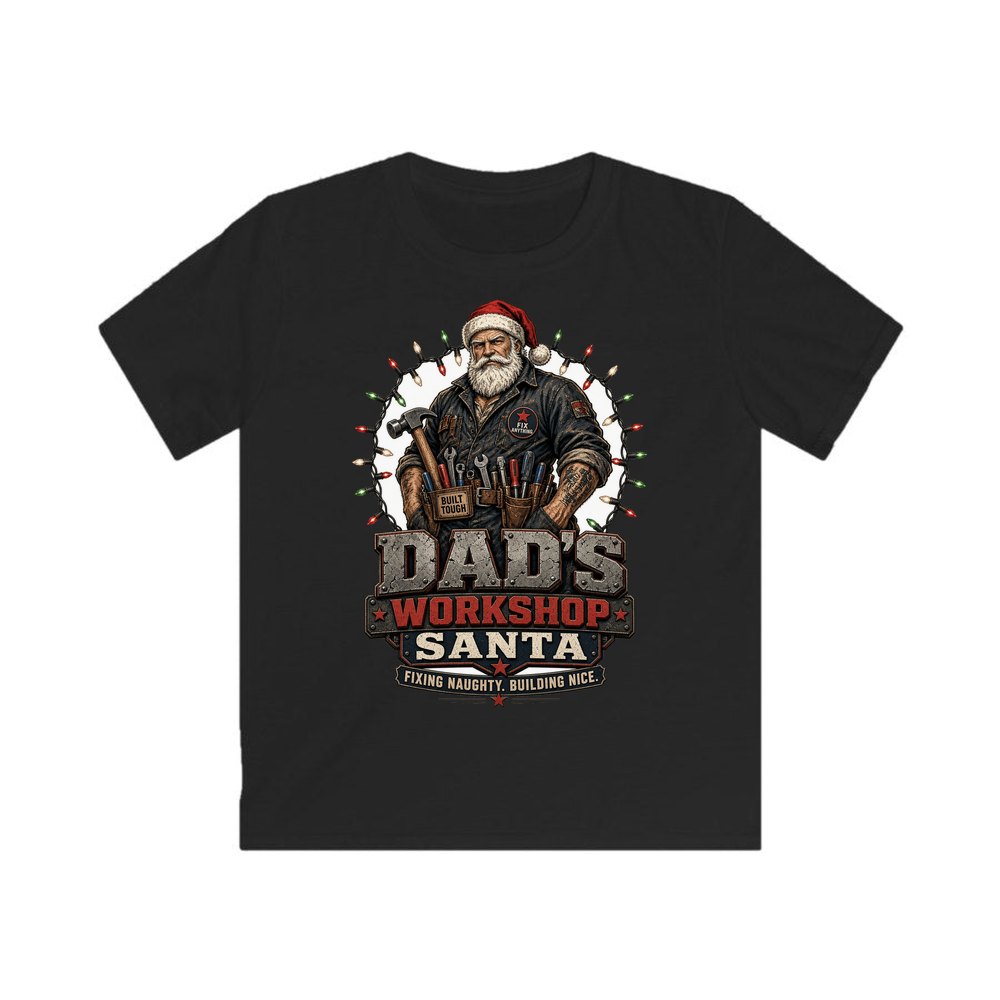 Dad's Workshop Santa personalised kids Christmas tee in black