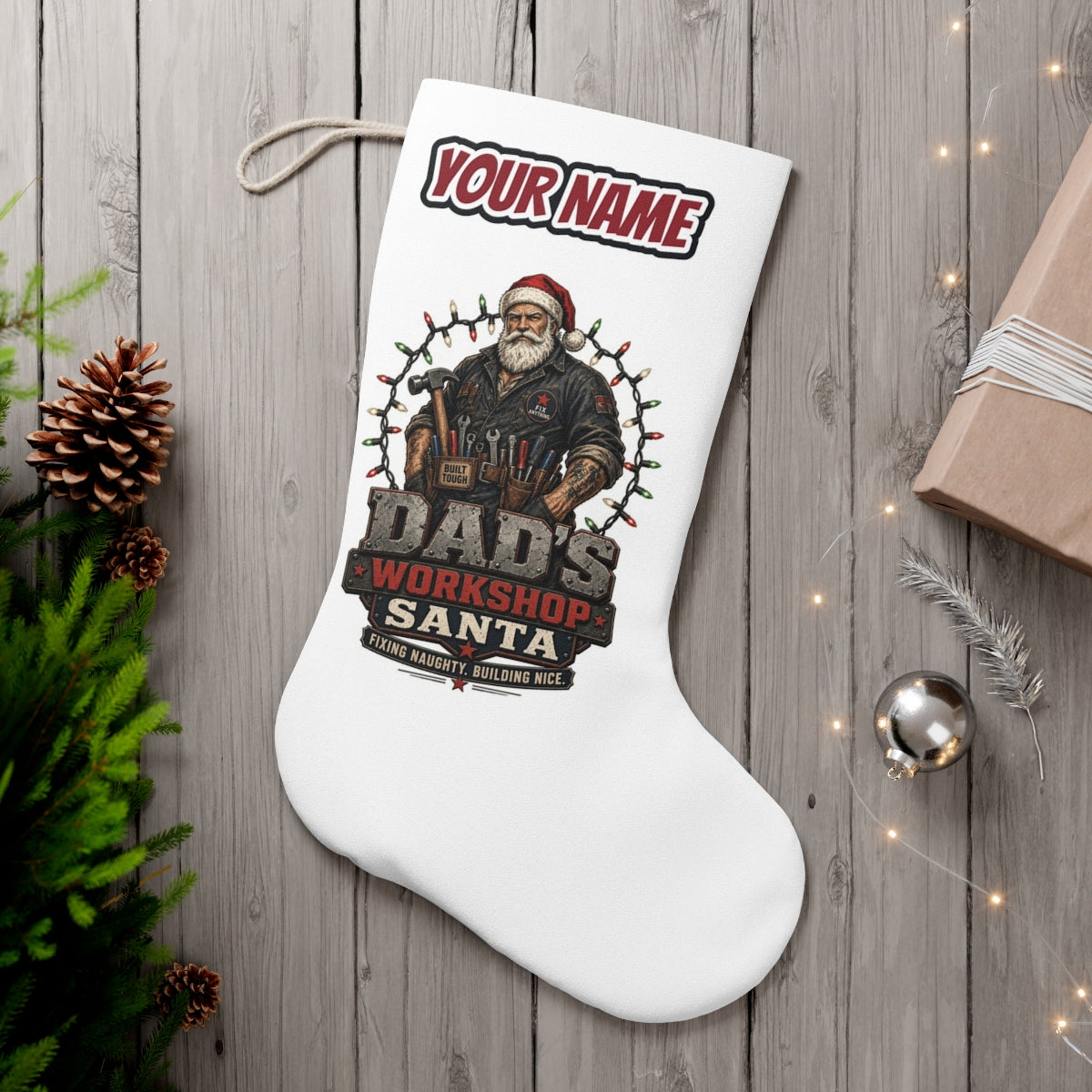 Dad's Workshop Santa personalised Christmas stocking, white, with the name across the top