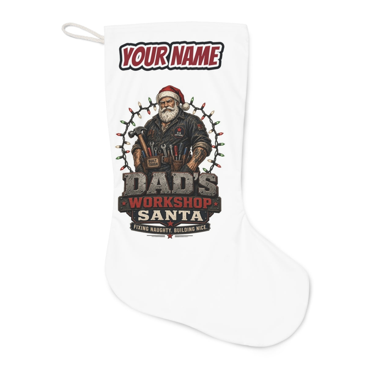 Dad's Workshop Santa Christmas stocking laid flat, showing the full print