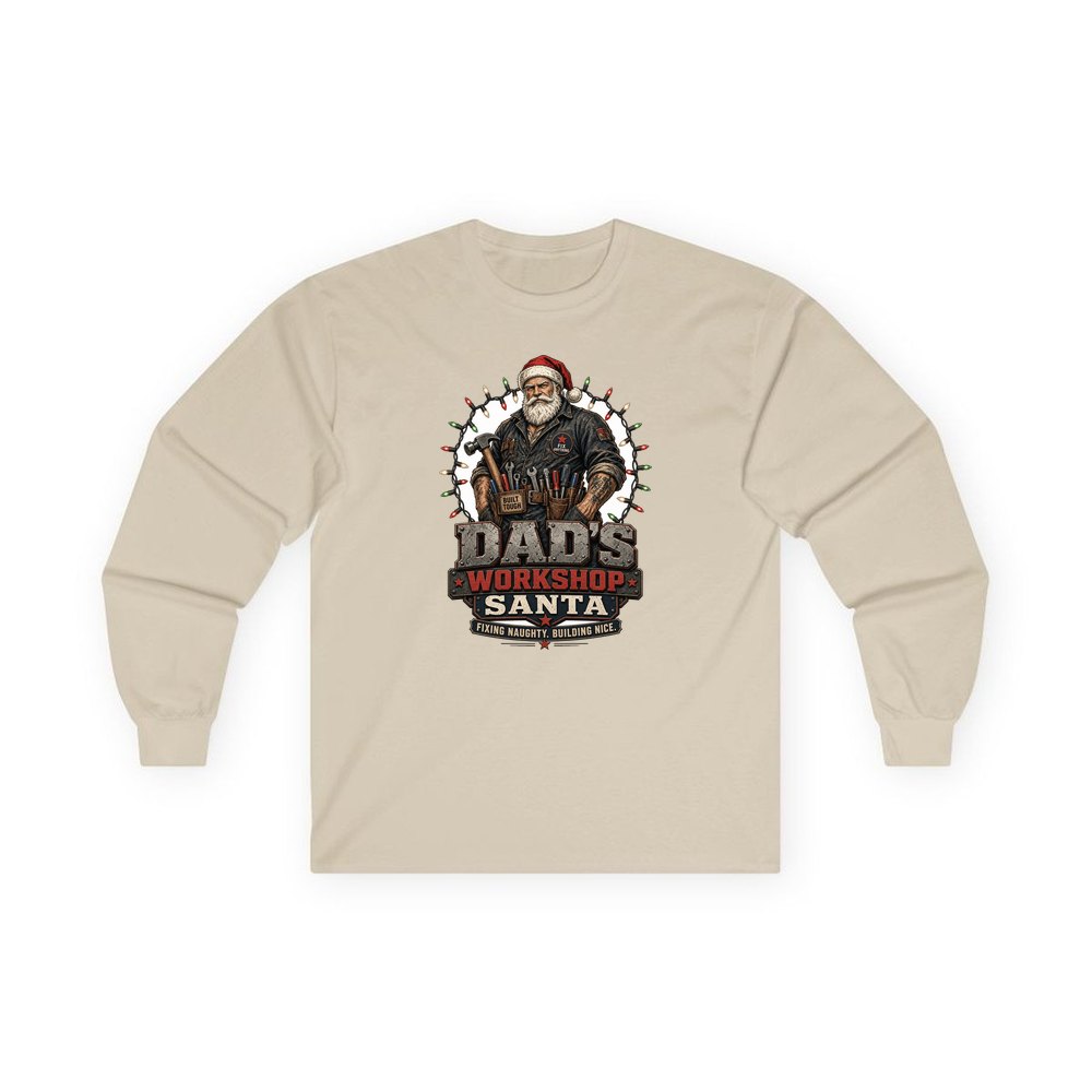 Dad's Workshop Santa personalised long sleeve Christmas T-shirt in sand