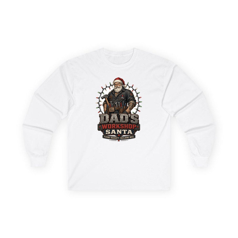 Dad's Workshop Santa personalised long sleeve Christmas T-shirt in white