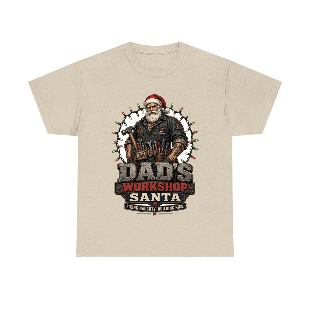 Dad's Workshop Santa personalised Christmas T-shirt in sand
