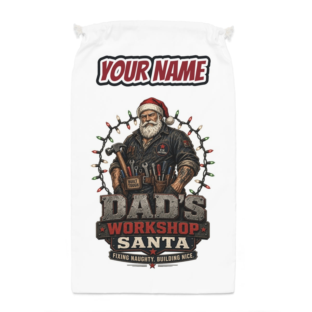 Dad's Workshop Santa Santa sack laid flat, showing the full print