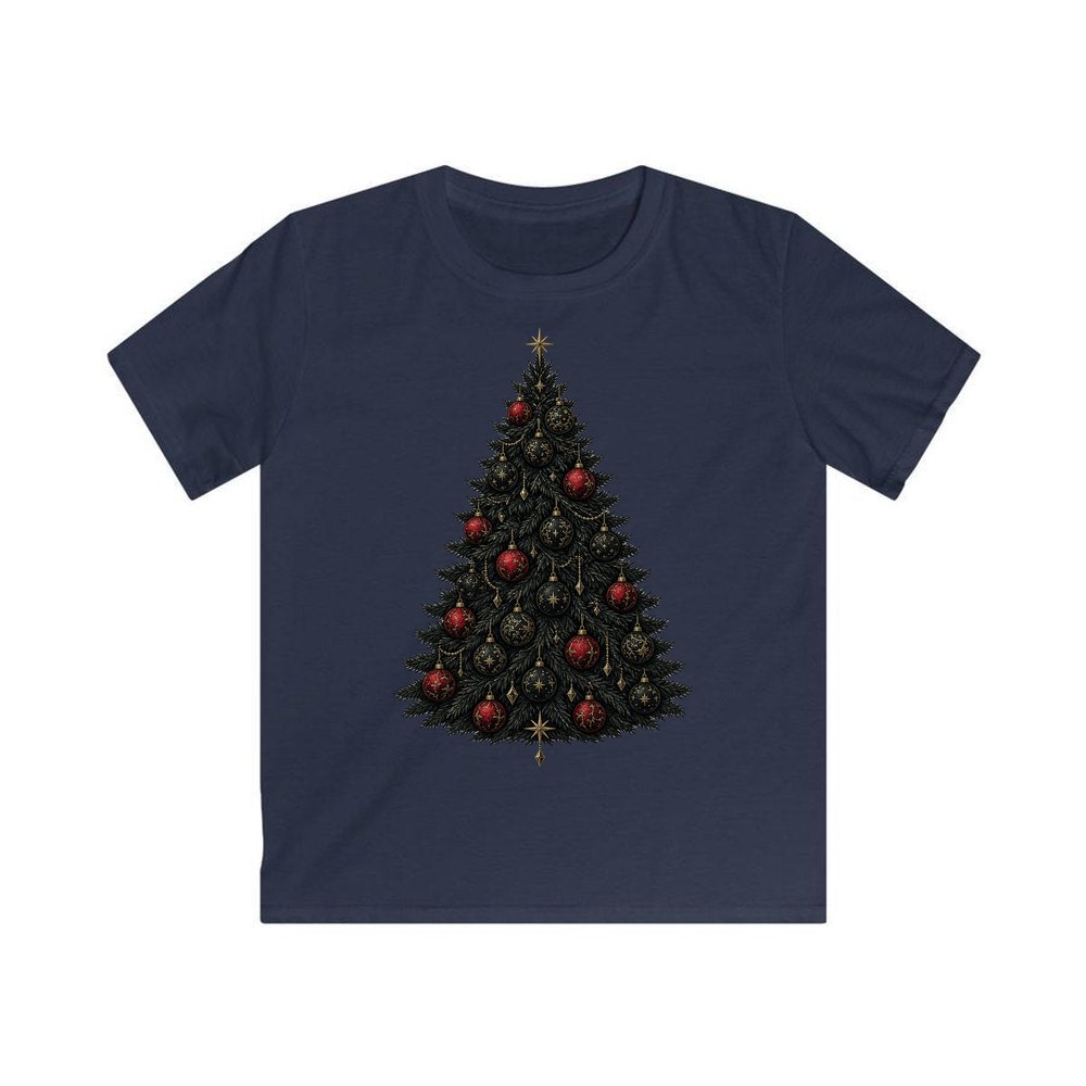 Dark Moody Christmas Tree personalised kids Christmas tee in navy
