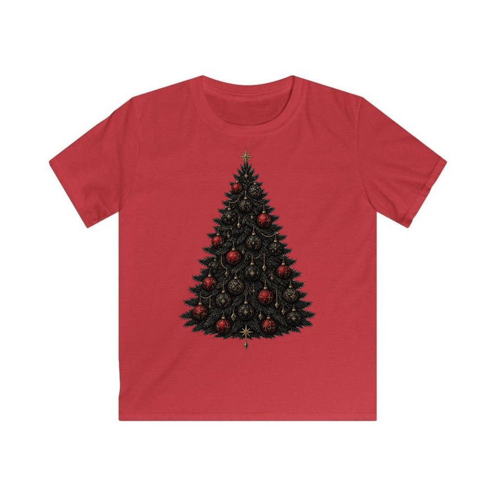 Dark Moody Christmas Tree personalised kids Christmas tee in red