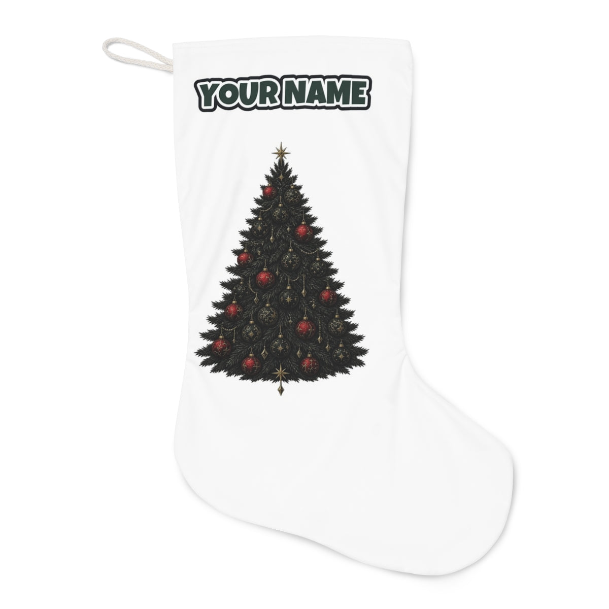 Dark Moody Christmas Tree Christmas stocking laid flat, showing the full print