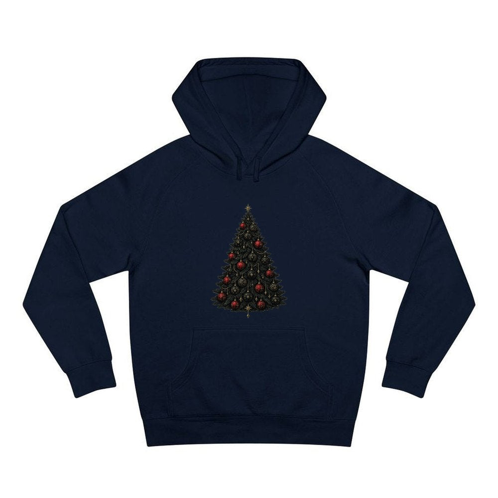 Dark Moody Christmas Tree personalised Christmas hoodie in navy
