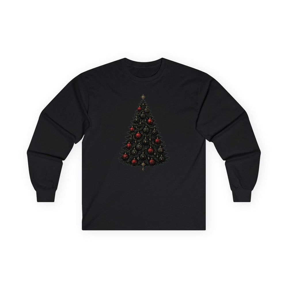 Dark Moody Christmas Tree personalised long sleeve Christmas T-shirt in black