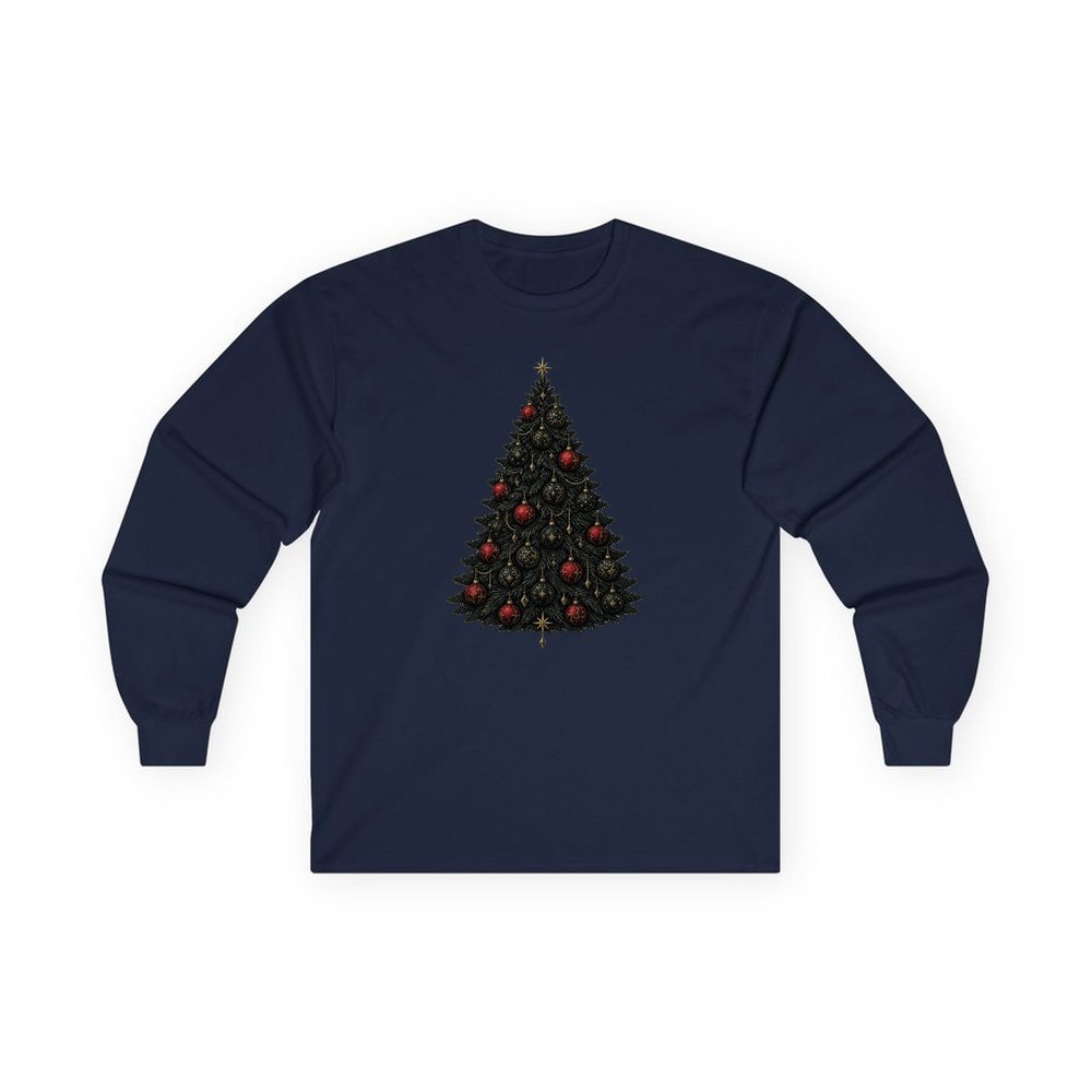 Dark Moody Christmas Tree personalised long sleeve Christmas T-shirt in navy