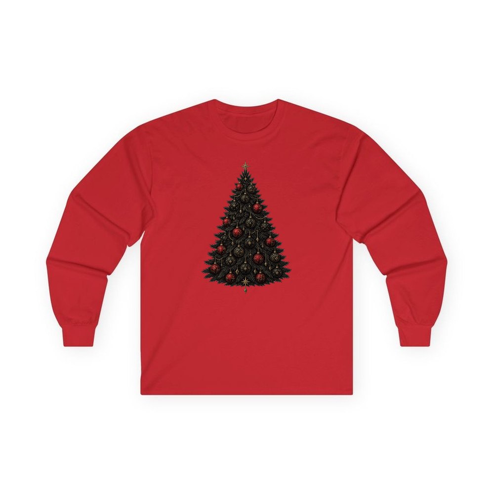 Dark Moody Christmas Tree personalised long sleeve Christmas T-shirt in red