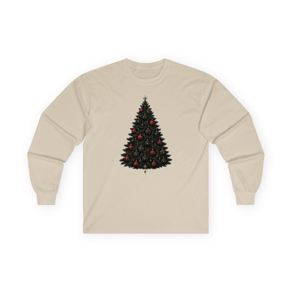Dark Moody Christmas Tree personalised long sleeve Christmas T-shirt in sand