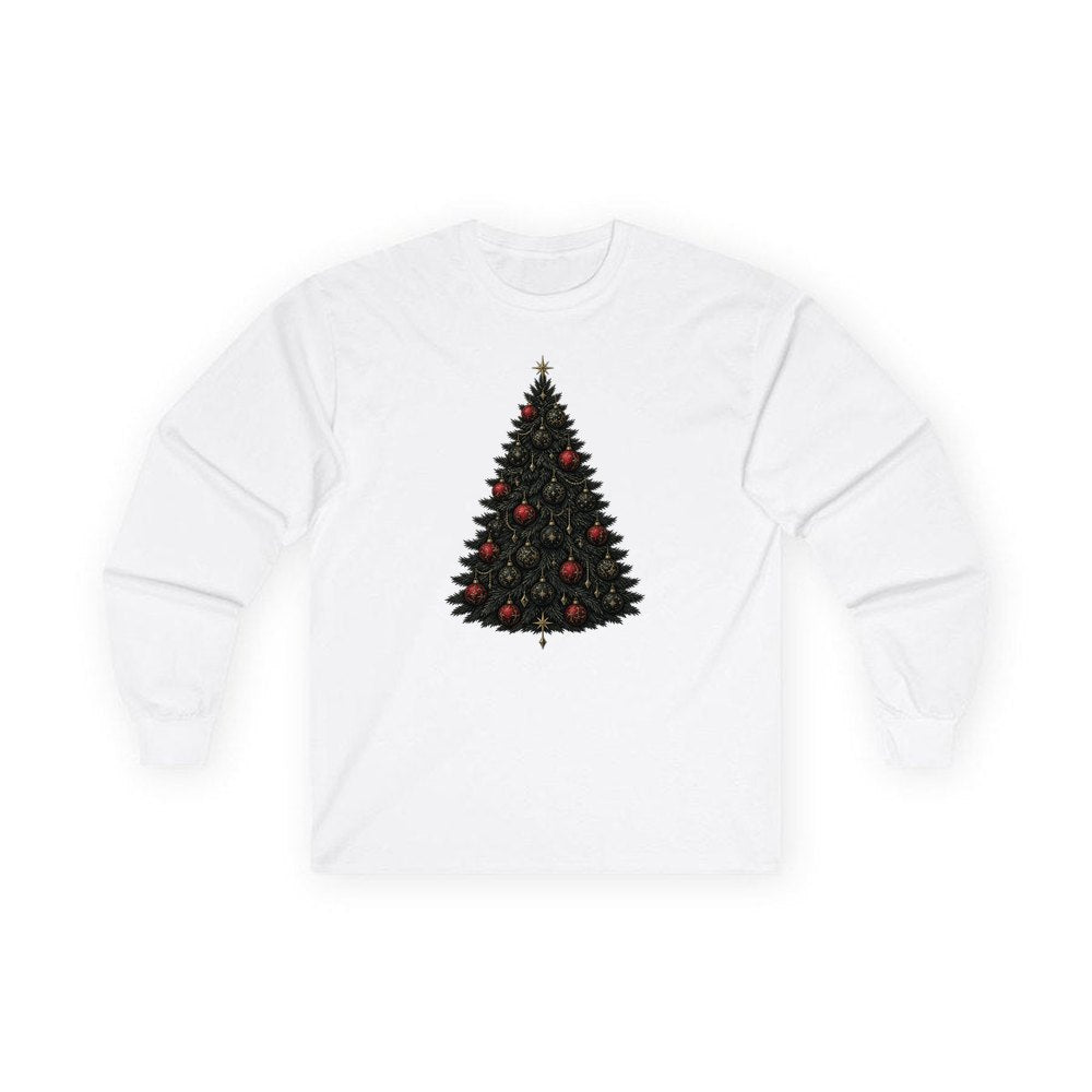 Dark Moody Christmas Tree personalised long sleeve Christmas T-shirt in white