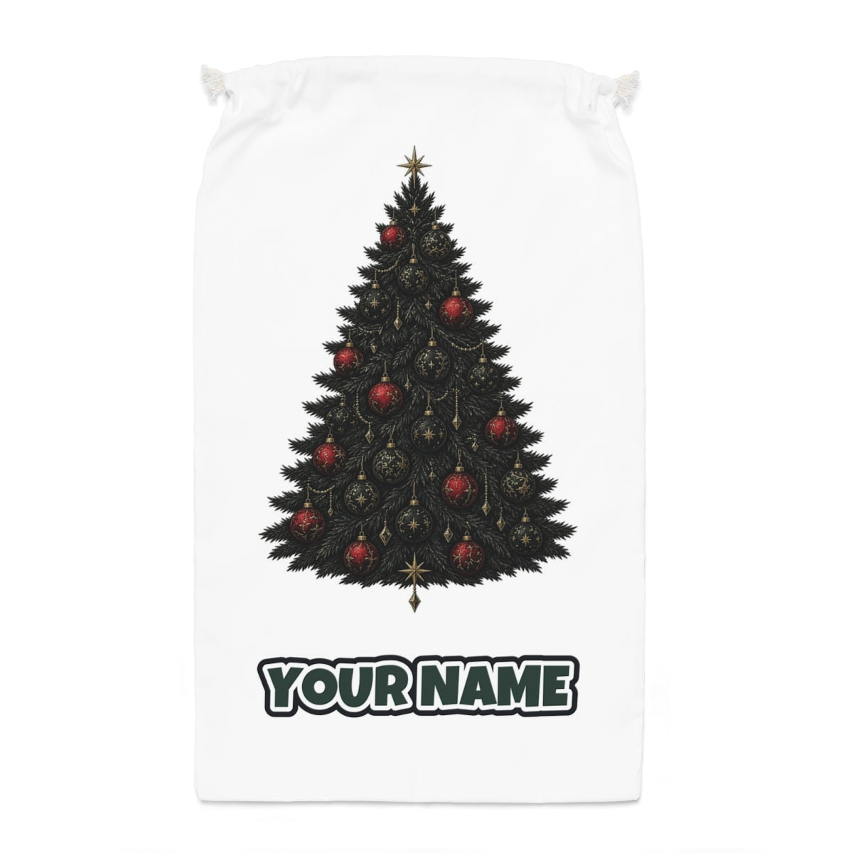 Dark Moody Christmas Tree Santa sack laid flat, showing the full print