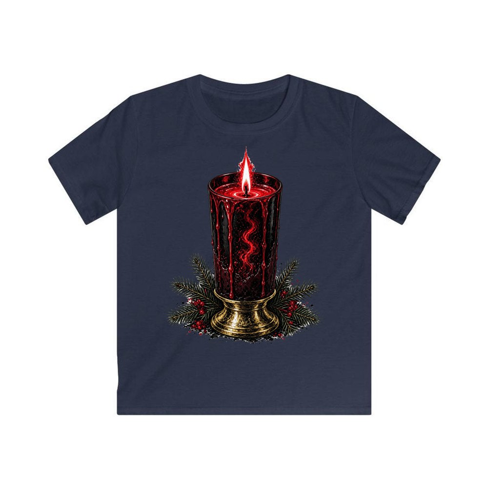 Dark Red Pillar Candle personalised kids Christmas tee in navy