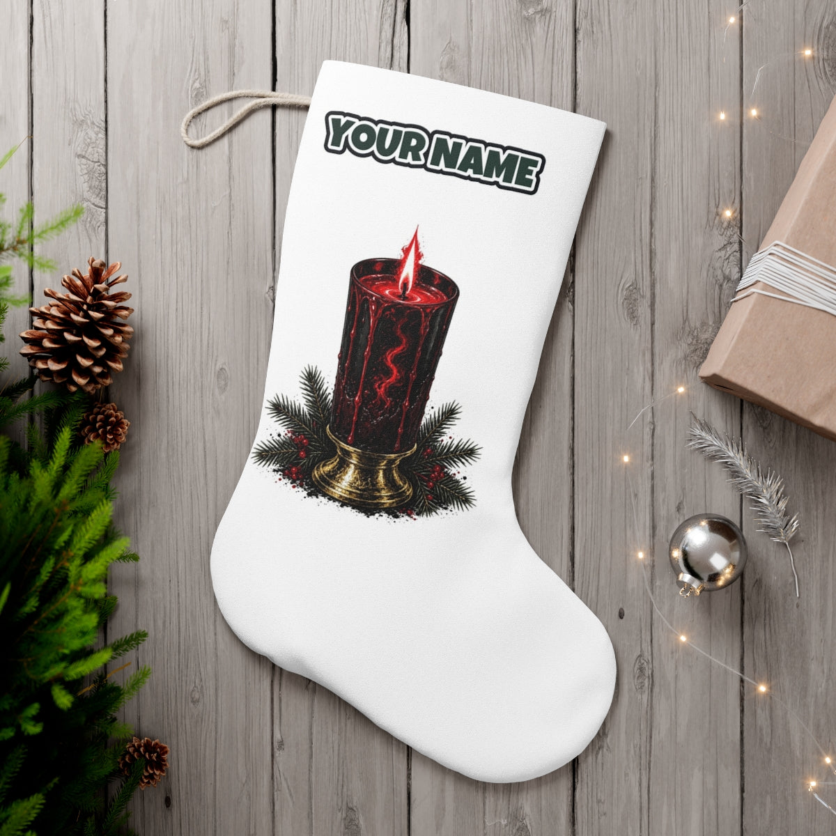 Dark Red Pillar Candle personalised Christmas stocking, white, with the name across the top