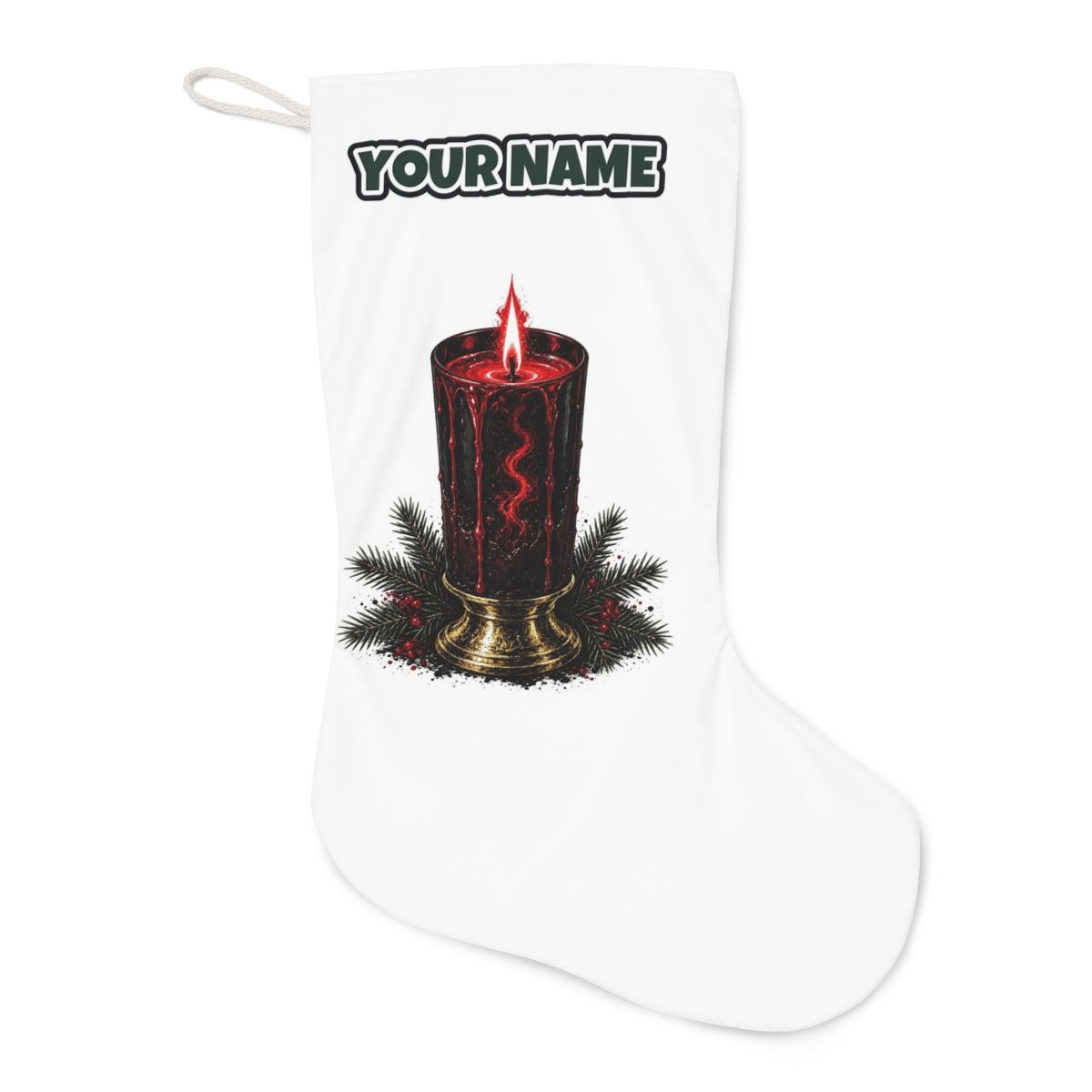 Dark Red Pillar Candle Christmas stocking laid flat, showing the full print