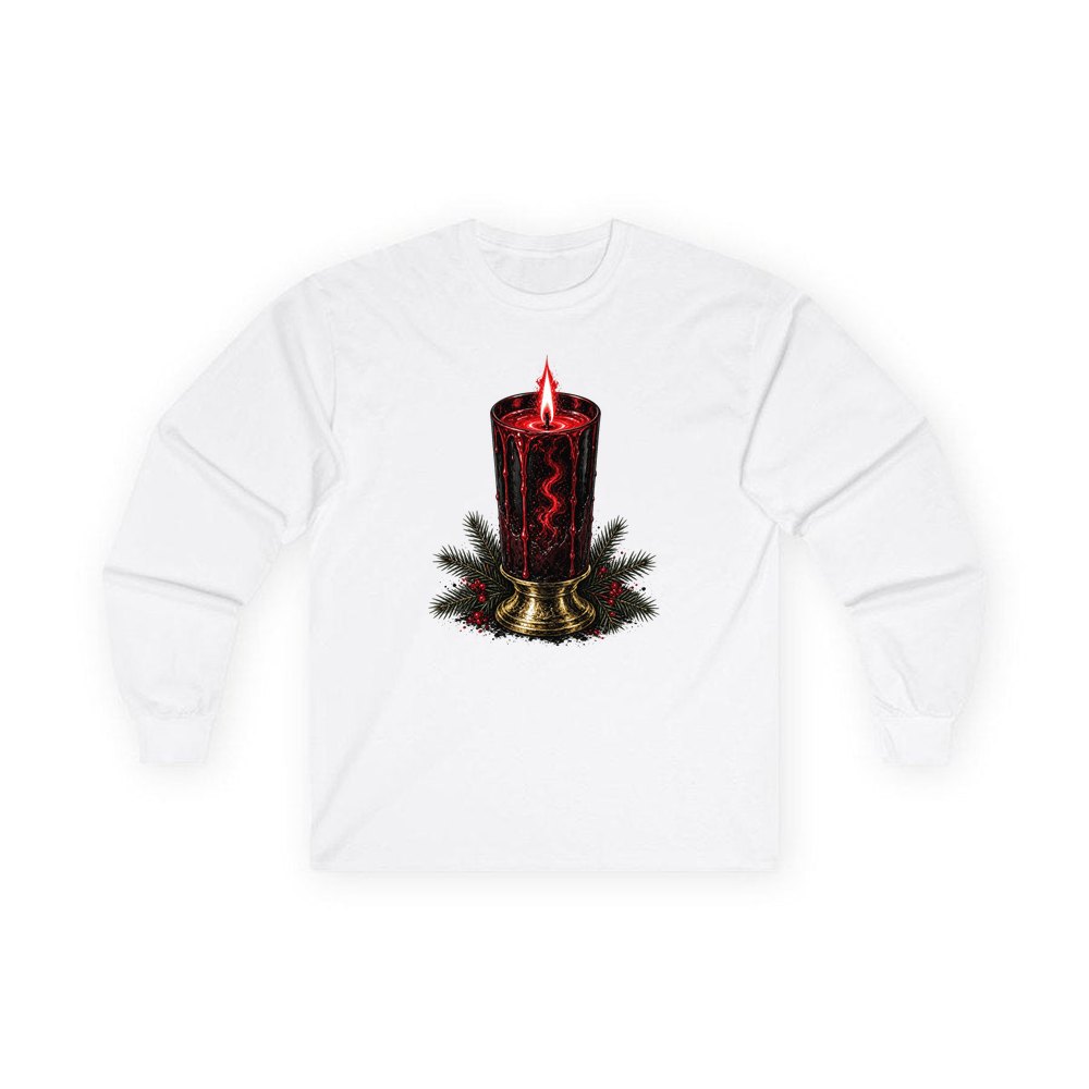 Dark Red Pillar Candle personalised long sleeve Christmas T-shirt in white