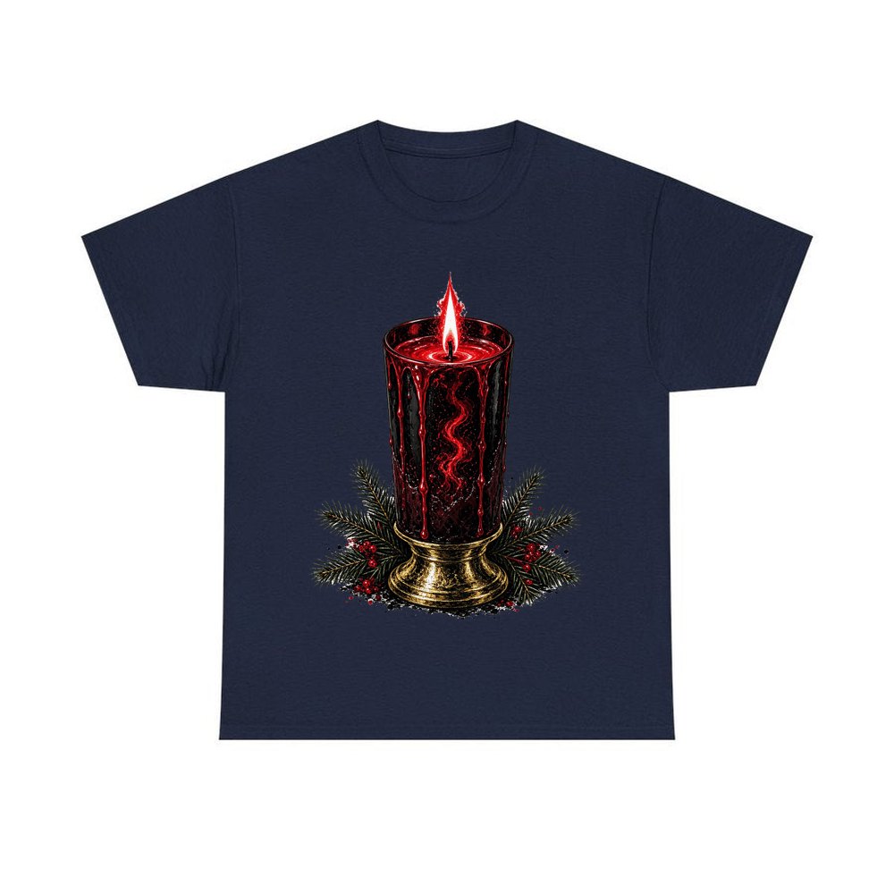 Dark Red Pillar Candle personalised Christmas T-shirt in navy