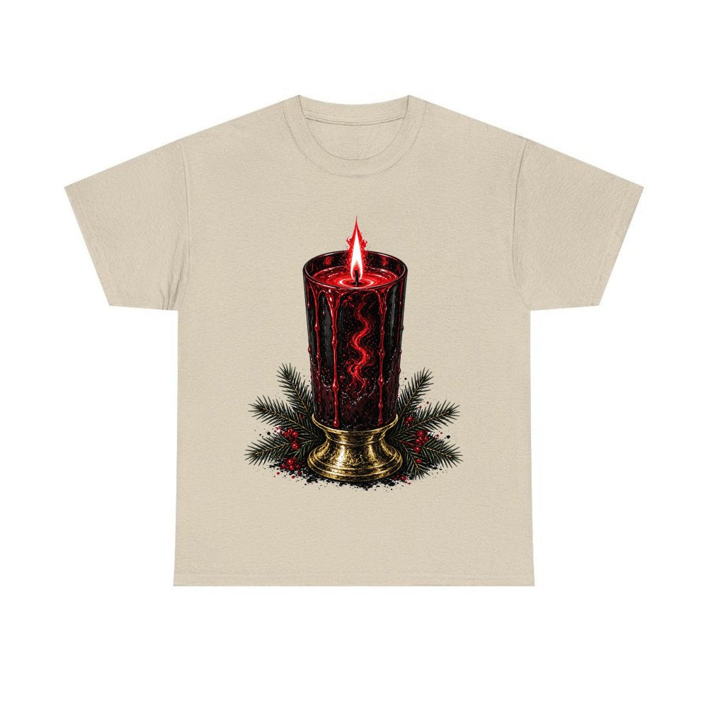 Dark Red Pillar Candle personalised Christmas T-shirt in sand