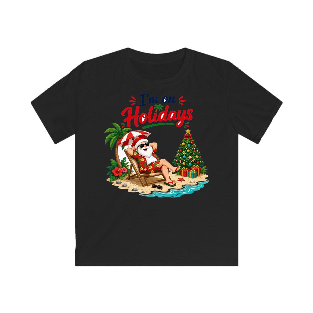 Deckchair Santa on Holidays personalised kids Christmas tee in black