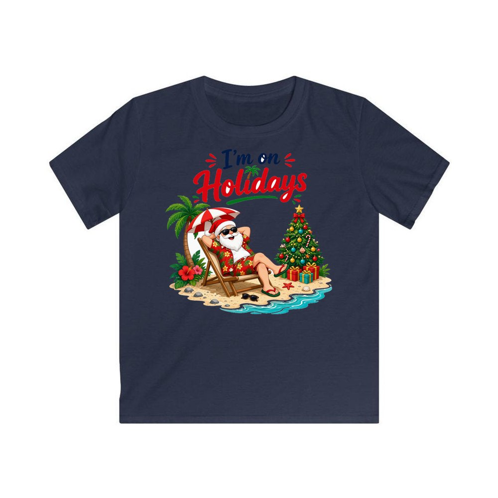 Deckchair Santa on Holidays personalised kids Christmas tee in navy
