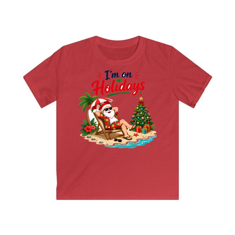 Deckchair Santa on Holidays personalised kids Christmas tee in red