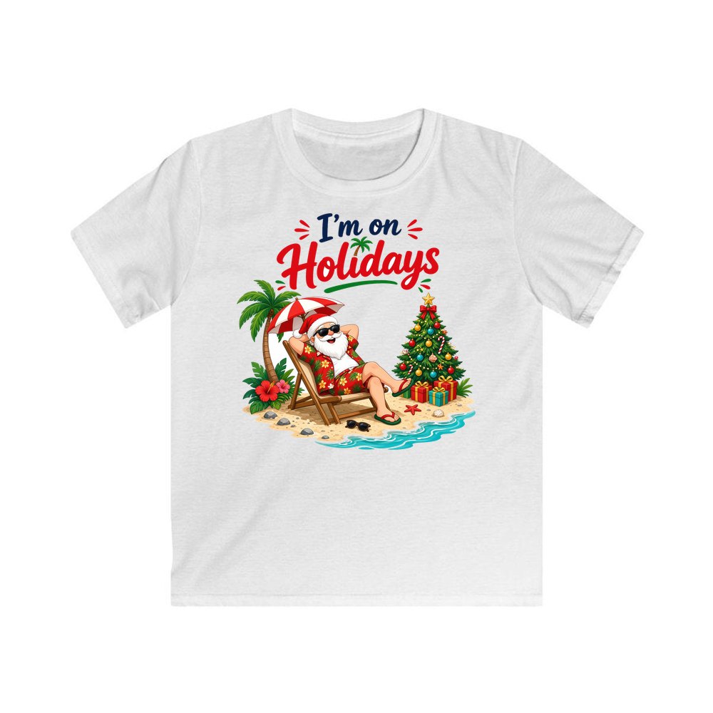 Deckchair Santa on Holidays personalised kids Christmas tee in white