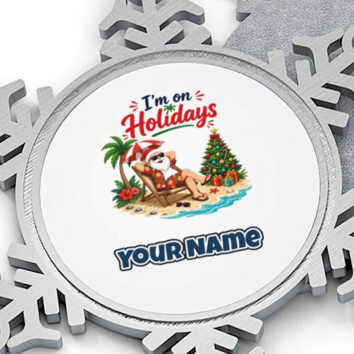 Deckchair Santa on Holidays Personalised Pewter Christmas Ornament