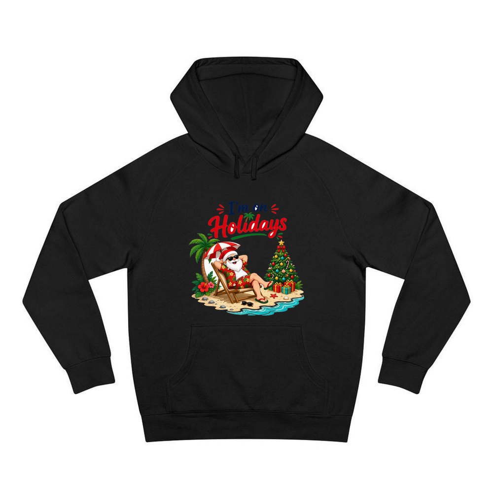 Deckchair Santa on Holidays personalised Christmas hoodie in black