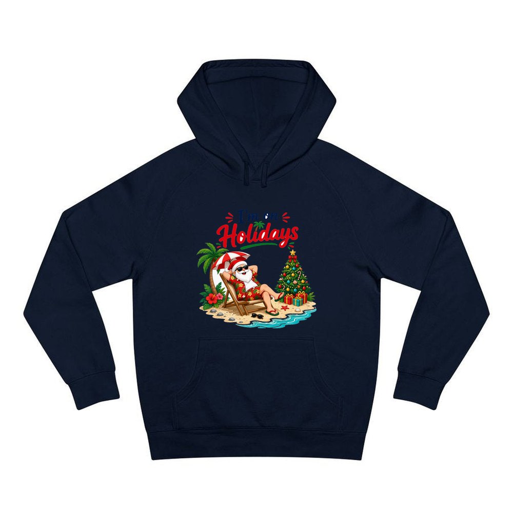 Deckchair Santa on Holidays personalised Christmas hoodie in navy