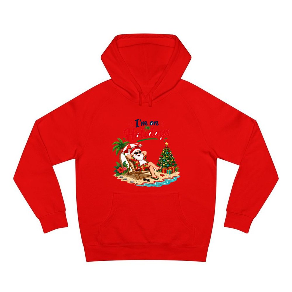 Deckchair Santa on Holidays personalised Christmas hoodie in red