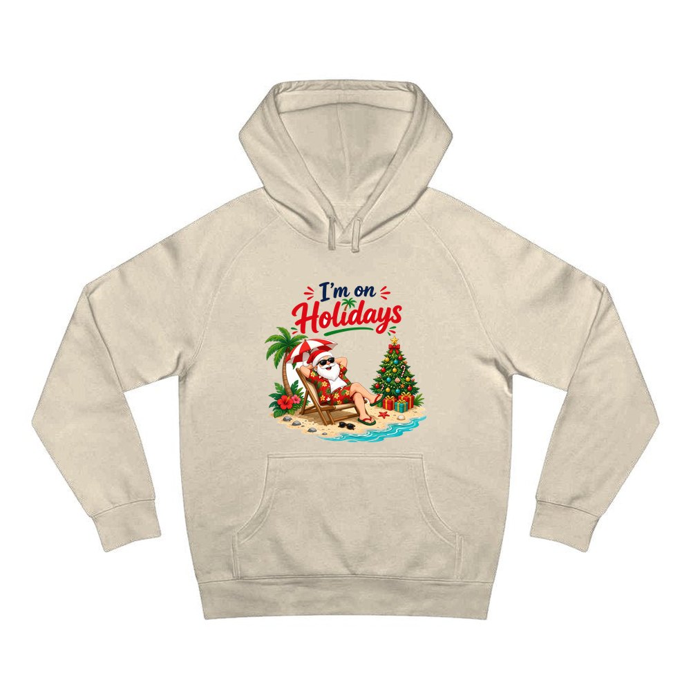 Deckchair Santa on Holidays personalised Christmas hoodie in sand