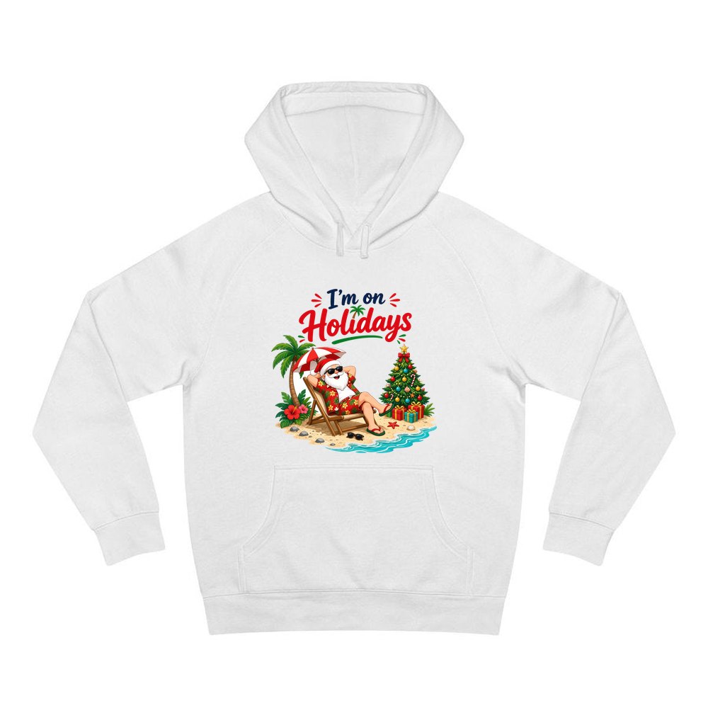 Deckchair Santa on Holidays personalised Christmas hoodie in white