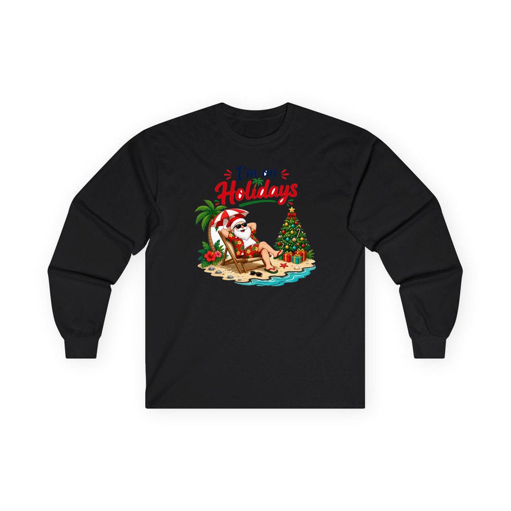 Deckchair Santa on Holidays personalised long sleeve Christmas T-shirt in black