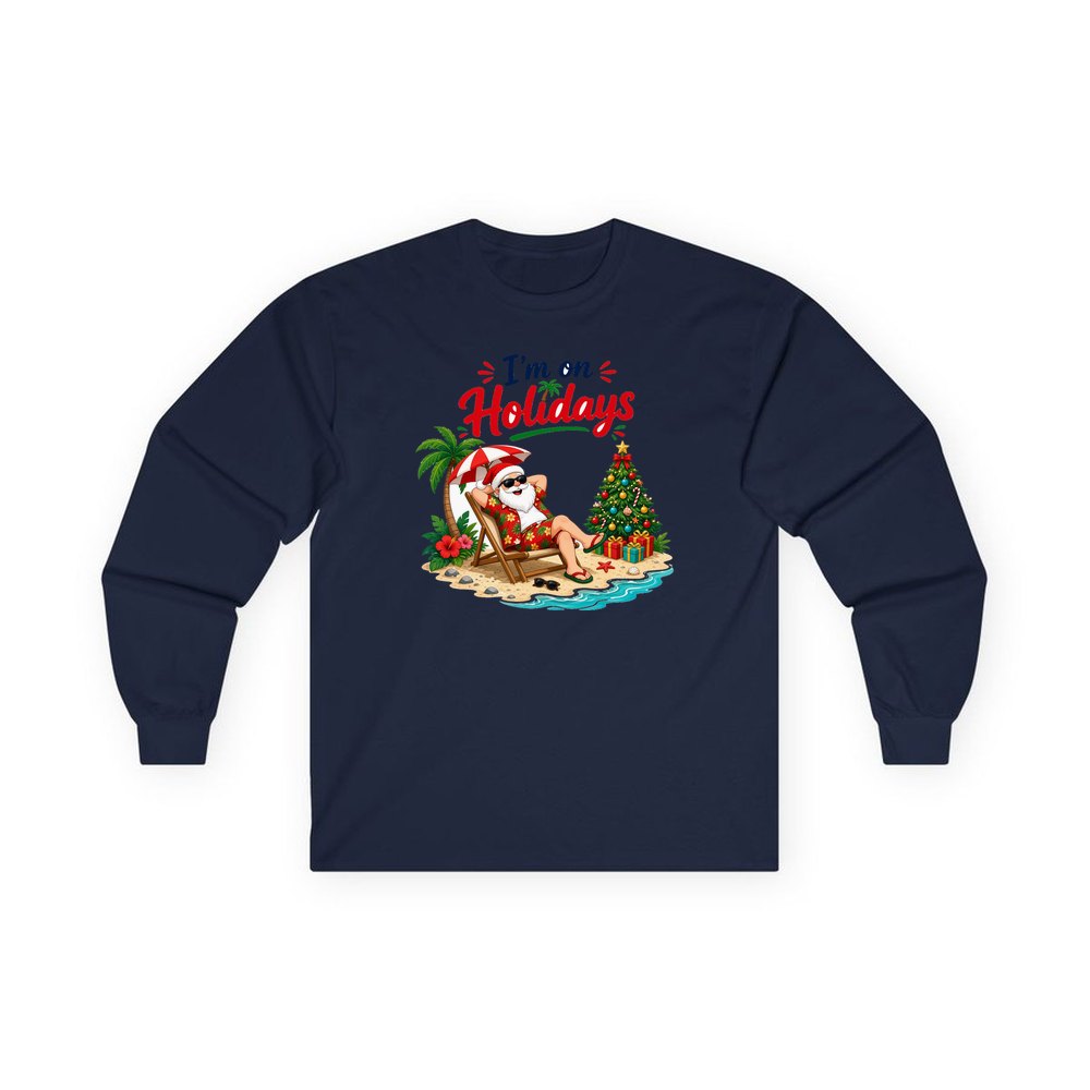 Deckchair Santa on Holidays personalised long sleeve Christmas T-shirt in navy