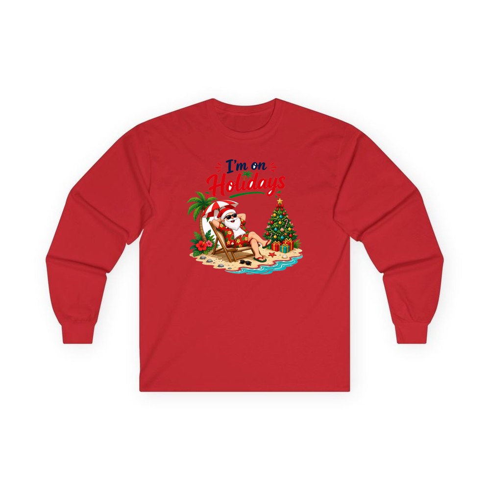 Deckchair Santa on Holidays personalised long sleeve Christmas T-shirt in red