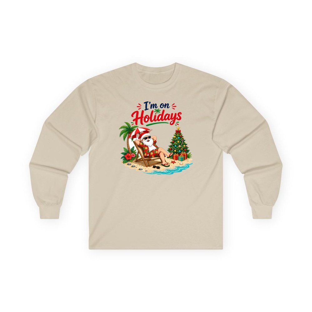 Deckchair Santa on Holidays personalised long sleeve Christmas T-shirt in sand