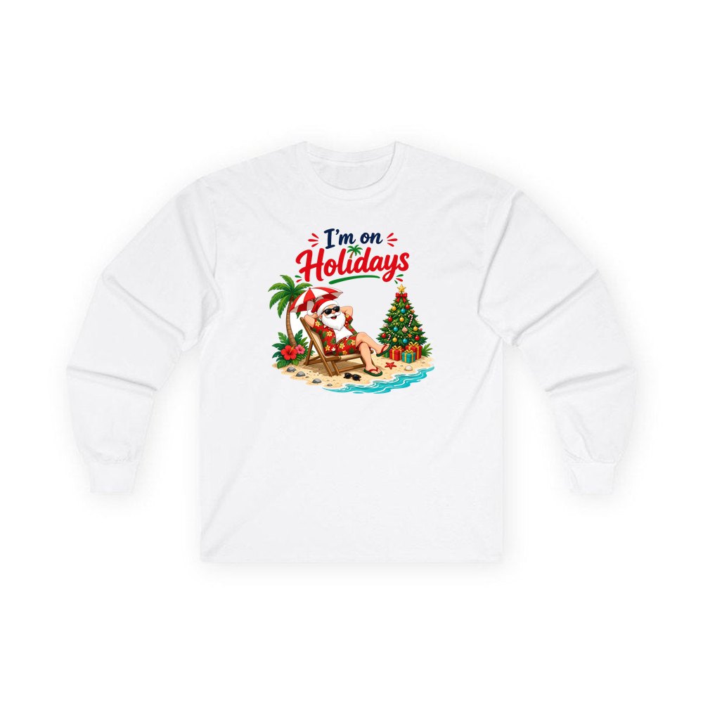 Deckchair Santa on Holidays personalised long sleeve Christmas T-shirt in white