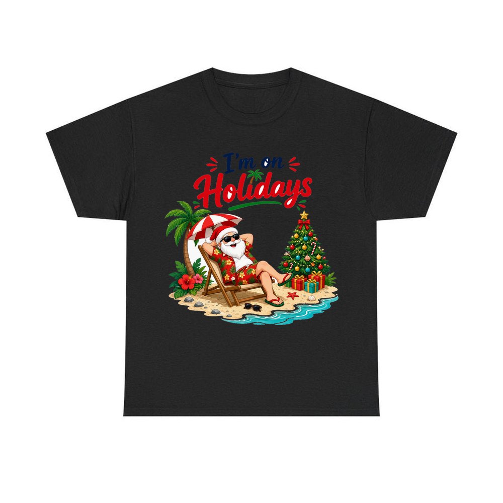 Deckchair Santa on Holidays personalised Christmas T-shirt in black