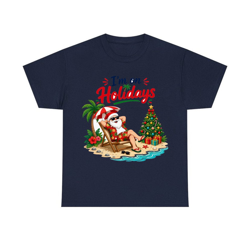 Deckchair Santa on Holidays personalised Christmas T-shirt in navy