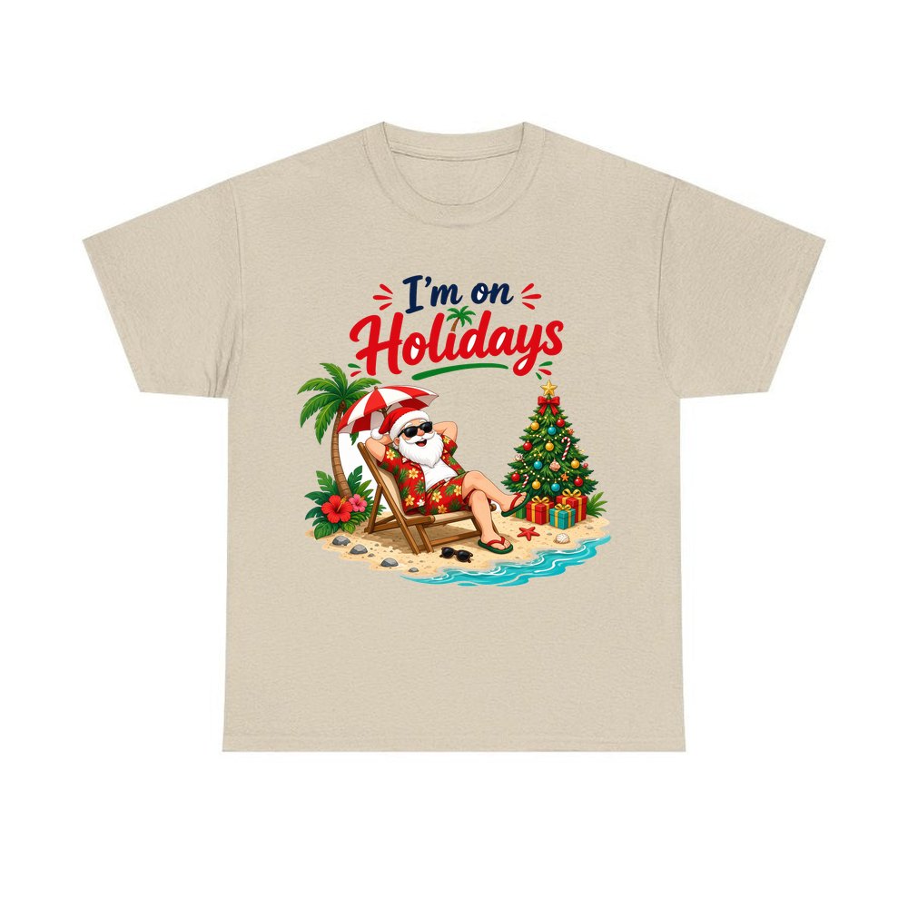 Deckchair Santa on Holidays personalised Christmas T-shirt in sand