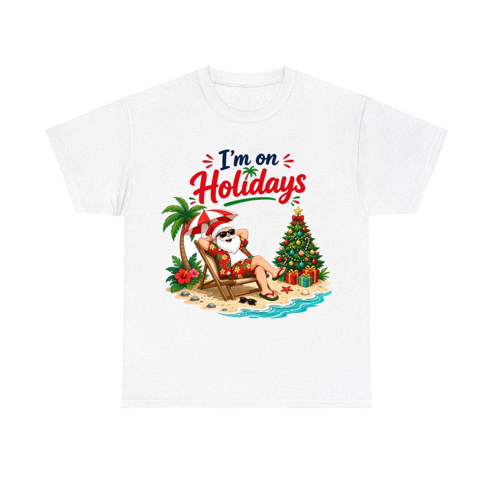 Deckchair Santa on Holidays personalised Christmas T-shirt in white