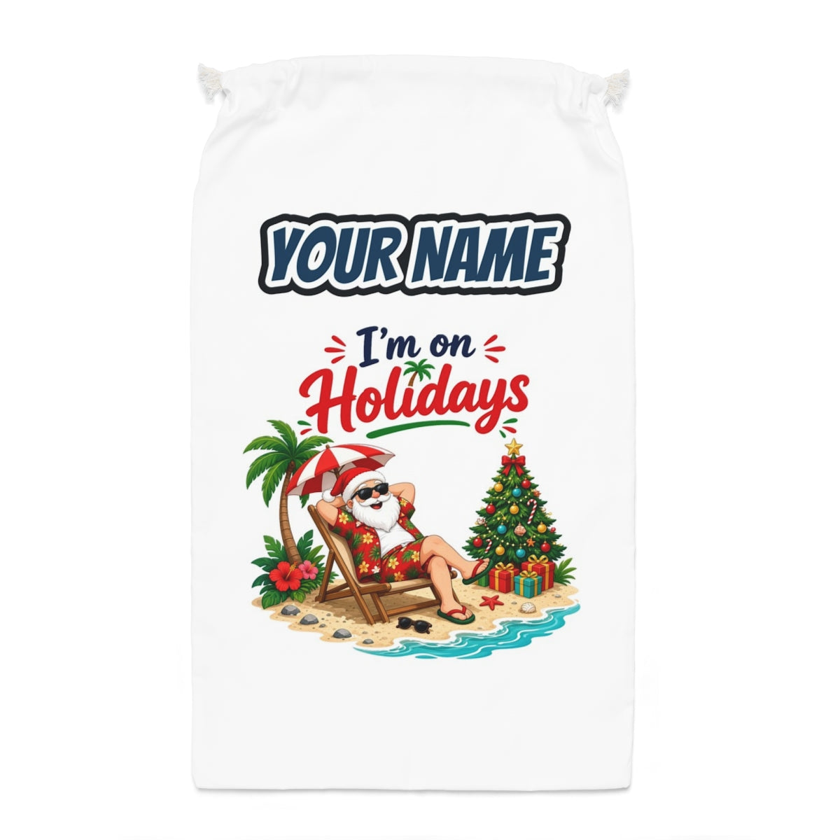 Deckchair Santa on Holidays Santa sack laid flat, showing the full print
